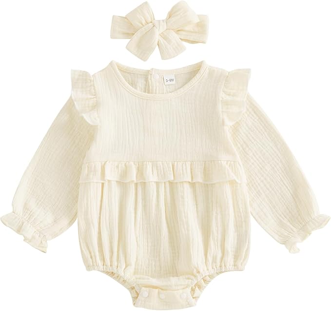 Newborn Infant Baby Girl Clothes Cotton Linen Long Sleeve Smocked Bubble Romper Ruffle Bodysuit Jumpsuit Fall Outfit