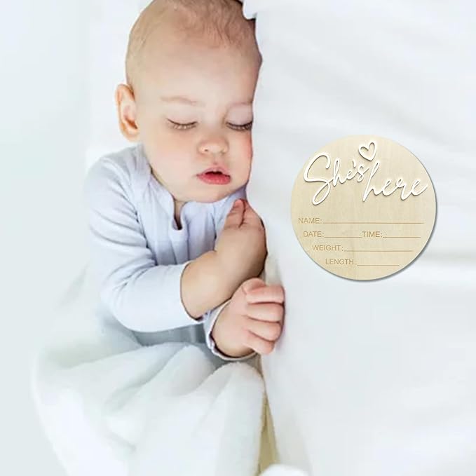 Baby Announcement Sign, 5.9 Inch Wooden Hello World Newborn Signs, Birth Announcement Sign, Gender Reveal Signs, She's here Decoration, Welcome Newborn Arrival To World, Hospital Nursery for Baby (White She's)