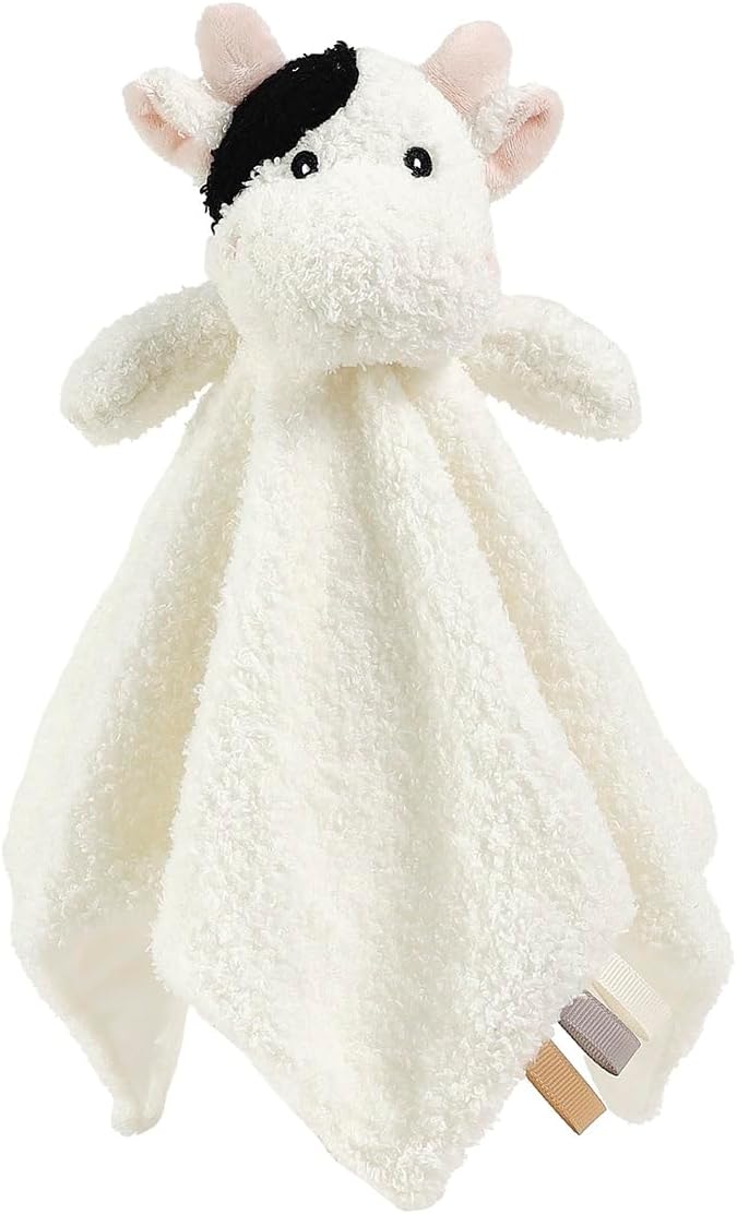 CREVENT Cozy Plush Baby Security Blanket, Loveys for Baby Girls and Boys, Birthday (Cow + Tag)