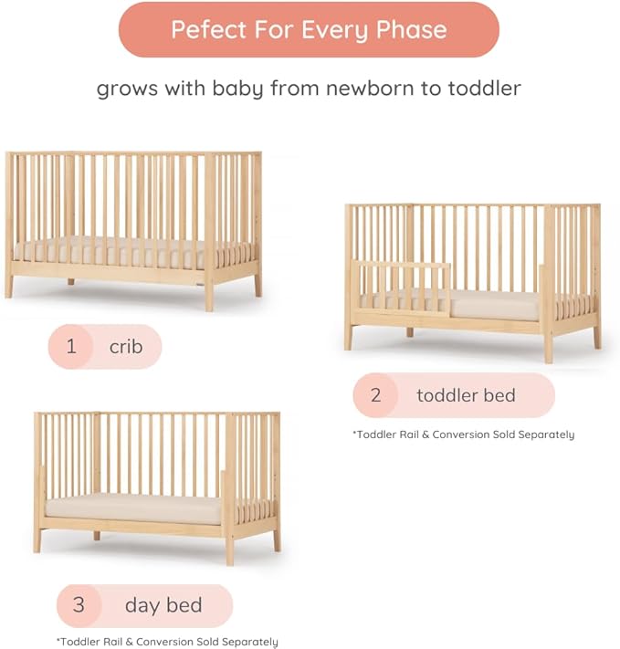dadada Baby LaLa 3 in 1 Convertible Crib - Wood Crib Converts into Toddler Bed & Daybed - Greenguard Gold Certified, Made in Italy - 3 Adjustable Mattress Heights - Solid Beechwood (Natural)