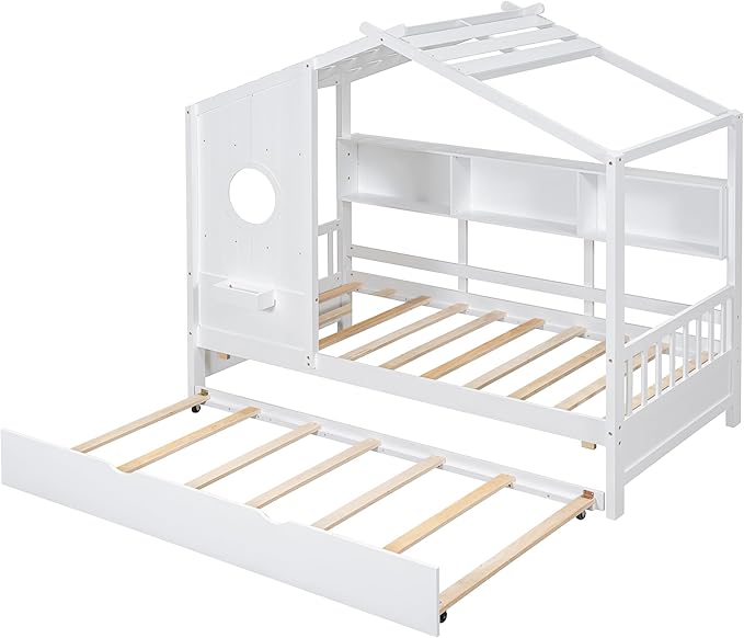 Harper & Bright Designs Twin Size Modern House Bed with Roof, Wooden Twin Kids House Bed Frame with Trundle and Storage Shelf, White
