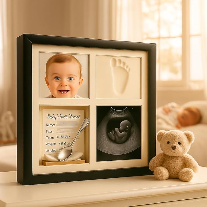 Baby Handprint or Footprint Kit – 4-Grid Clay Keepsake Frame with Baby Photo Display – Newborn Nursery Gift for New Moms, Baby Shower & First Memories