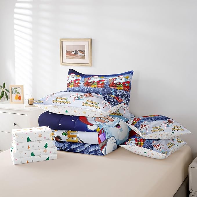 Feelyou Kids Christmas Bed in a Bag Xmas Santa Claus Queen Size Bed Set for Boys Girls Merry Christmas Warmth Comforter Set with Sheets Galaxy Blue Decor Bedding Set Bedroom Collection Boys