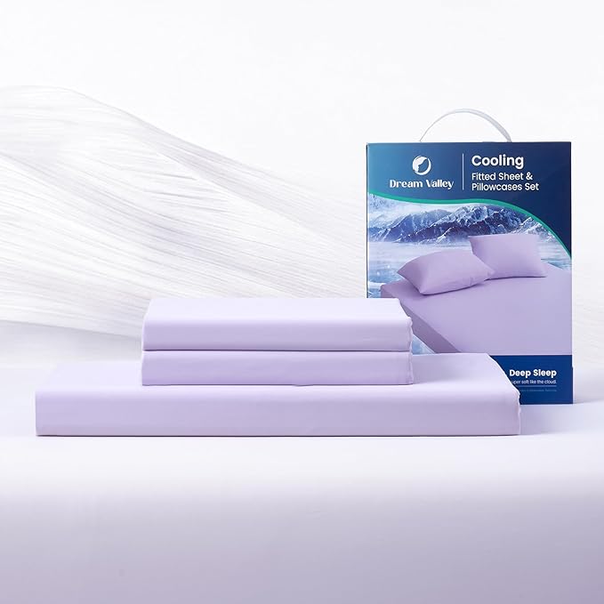 Dream Valley® King Size Sheets Set, Cooling Fitted Sheet with 2 Pillowcase-3 PCS with No Flat Sheet,Q-Max > 0.4 Aerocool, Cooling for Night Sweats, Hot Sleepers,deep Pocket up to 15",Lavender Fog