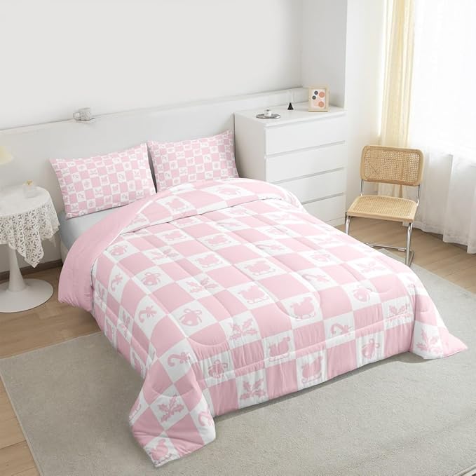 Feelyou Christmas Comforter Set Full Size Checkered Pattern Bedding Set for Kids Boys Girls Holiday Theme Duvet Quilt Xmas Decorations Bedroom Decor Pink Microfiber 3 Pcs with 2 Pillow Cases