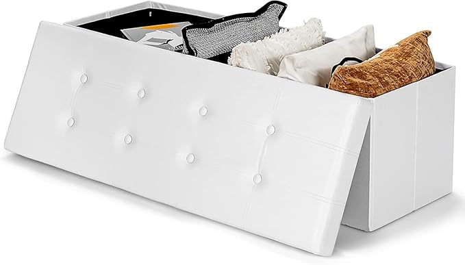 Safeplus Folding Storage Ottoman Bench, 45" Large Ottoman Space-Saving Bench,Faux Leather Storage Chest with Memory Foam,Footrest Padded Stool Seat for Bedroom Toy Chest, White,Leather