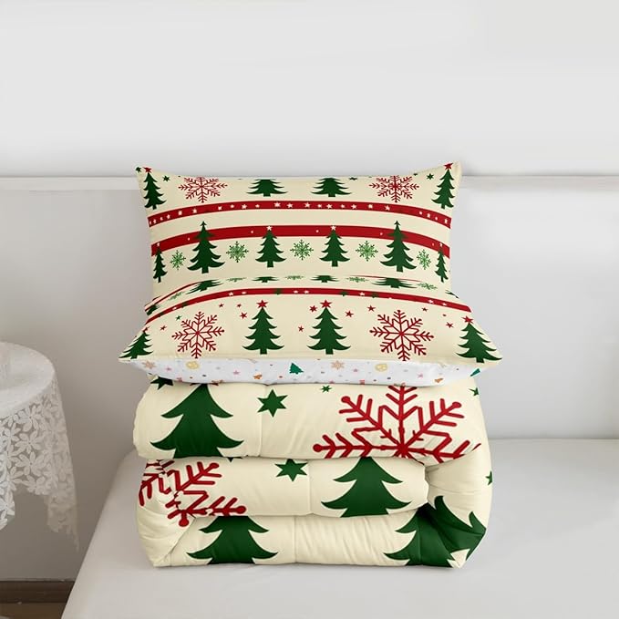 Feelyou Christmas Bedding Set Soft for Boys Girls, Xmas Tree Comforter Set Queen Size Snowflake Star Duvet Quilt Microfiber New Year Theme Bedroom Decor 3 Pcs with 2 Pillow Cases