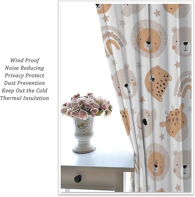 Cartoon Boho Animal Curtains,Funny Forest Safari Print,Cute African Wildlife Koala Giraffe Lion Leopard Bear Rainbow Blackout Window Drapes for Boys Girls Kids Baby Child Bedroom 55x63in