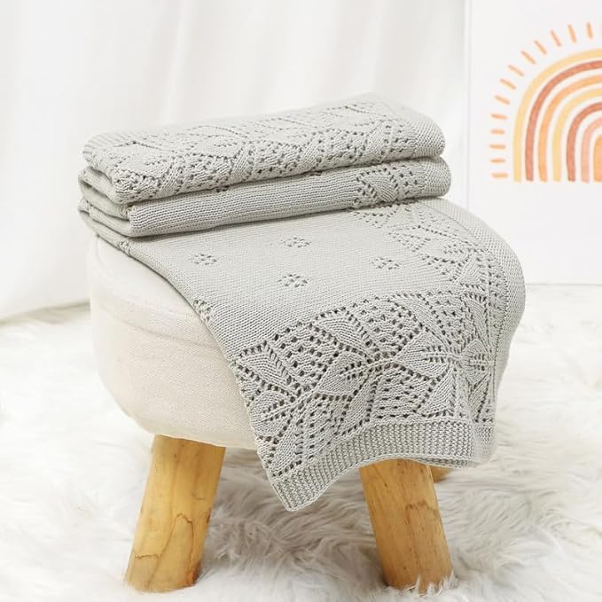 LAWKUL Cellular Blanket Baby 100% Cotton Knitted Soft Knit Crochet Blankets for Newborn Boy Girls Toddler Light Grey 100x80cm