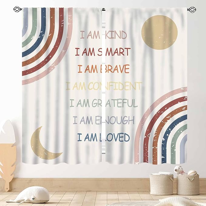 Rainbow Curtains for Girls Bedroom, Boho Rianbow Quotes Inspirational Motivational Positive Colorful Pastel Window Drapery for Baby Kids Living Room Toddler Nursery Classroom 2 Panels, 63"x63" Inch