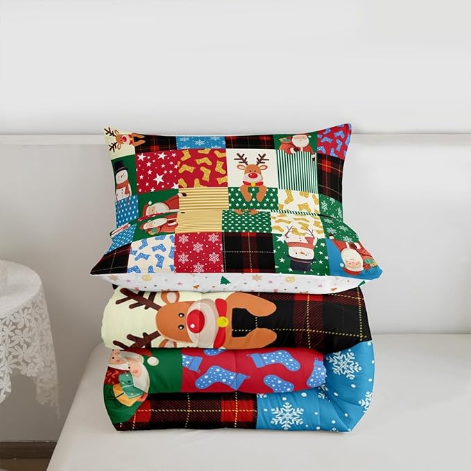 Feelyou Patchwork Christmas Bedding Set Soft for Boys Girls, Santa Claus Reindeer Comforter Set Queen Size Snowman Duvet Quilt Microfiber Snowflake Bedroom Decor 3 Pcs with 2 Pillow Cases