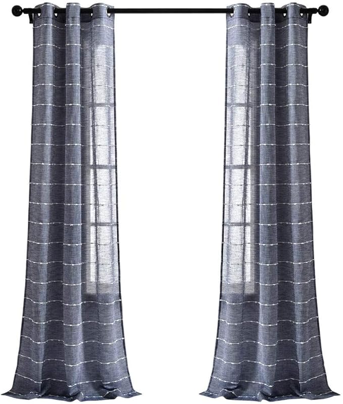 Lush Decor Farmhouse Textured Grommet Sheer Window Curtain Panel Pair, 38"W x 84"L, Navy