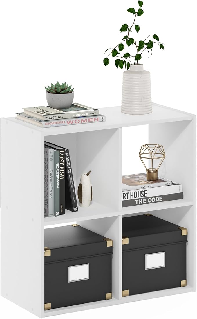 Furinno PELLI Book Shelf, 2x2 Bookshelf, Cube Storage Organizer Cabinet, 11.6 x 24.2 x 24.2, for Living Room, Bedroom, Home Office, White
