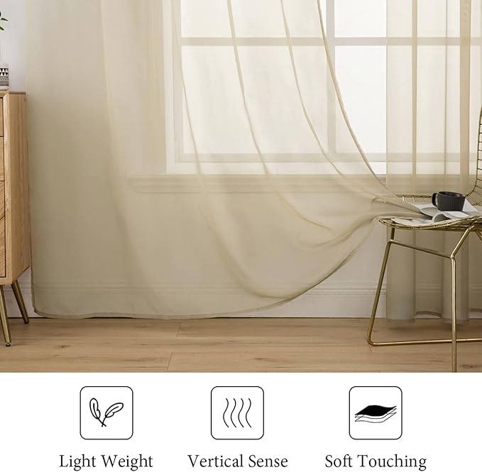 MIULEE Beige Window Sheer Curtains for Bedroom Living Room Solid Elegant Net Drapes 2 Panels Width 38 x Length 63 Inches