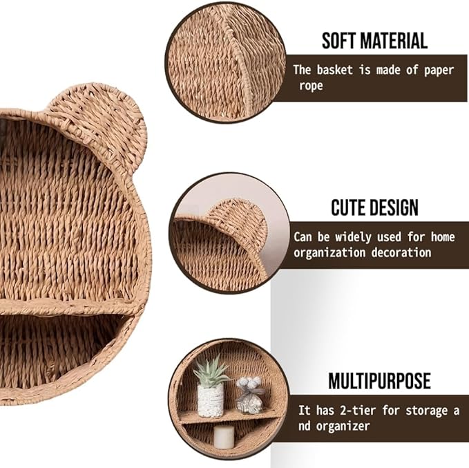Bear-Shaped Rattan Wall Shelf – Handmade Woven Nursery Bookshelf for Kids Room, Boho Wall-Mounted Storage Organizer for Toys, Books & Décor
