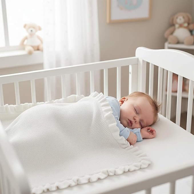 Cotton Baby Blanket with Ruffle Edge Soft Breathable Newborn Blanket for Boys & Girls, Lightweight Knit Throw for Crib, Stroller & Nursery Multiple Colors Available White 30x30