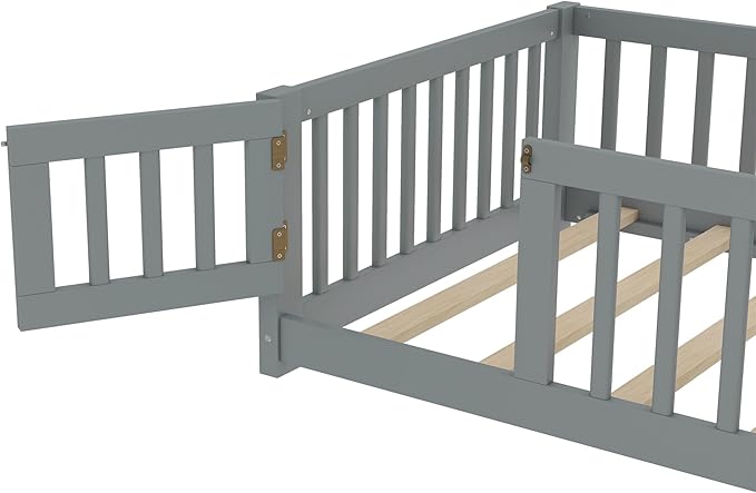 Harper & Bright Designs Twin Floor Bed Frame with Safety High Fence, Wood Montessori Bed with Door, Twin Size Floor Beds with Solid Wood Support Slats for Boys, Girls, Kids, Gray