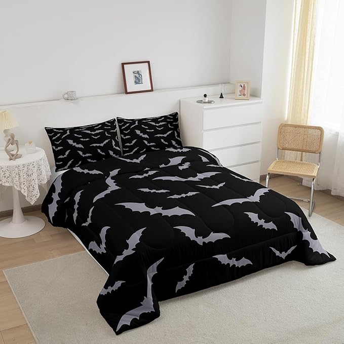 Erosebridal Happy Halloween Comforter Set for Kids Youth Grey Bats Bedding Set Gothic Spooky Quilt King Size Cartonn Bed Decorative Bedding Comforter Sets with 2 Pillow Cases