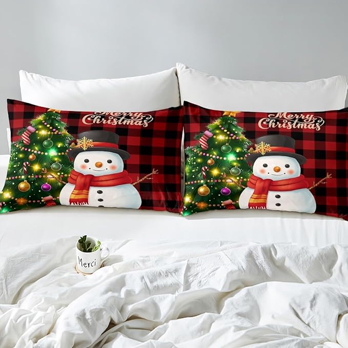 Manfei Christmas Duvet Cover Set Queen Size, Snowman Christmas Tree Comforter Cover with 2 Pillowcases, Red Plaid Grid Print Bedding Set 3pcs for Kids Boys Girls Room Decor,No Comforter