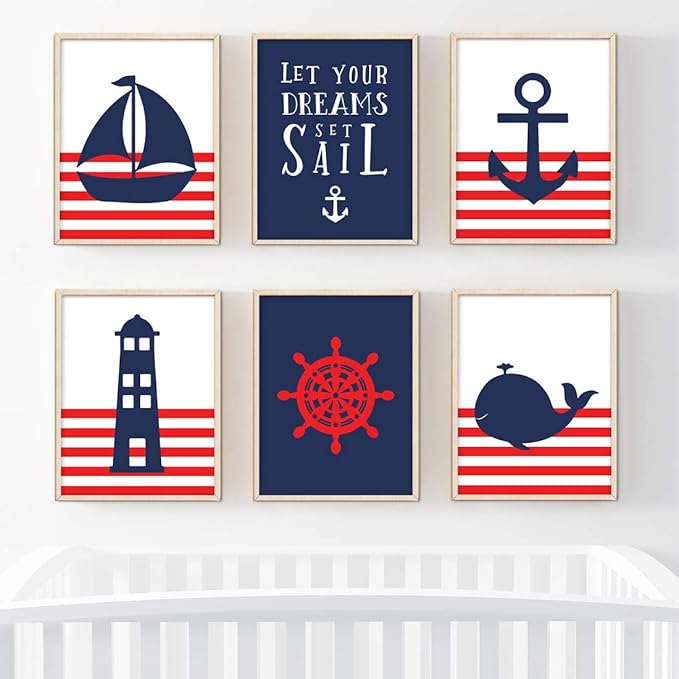 Andaz Press Ocean Nautical Sailor Theme Nursery Kids Bedroom Hanging Wall Art Decor, 8.5x11-inch, Red Stripes, Boat, Anchor, Lighthouse, Whale, 6-Pack, Unframed Room Poster
