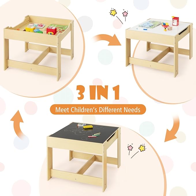 HONEY JOY Kids Table and Chairs, 3-in-1 Children Wooden Activity Set with Storage, Detachable Tabletop, for Art, Craft, Drawing, Reading, Gift for Toddlers Boys Girls 3-7 Years Old (Natural)