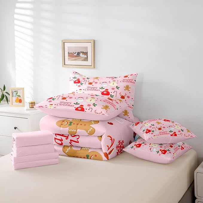 Christmas Deer Queen Comforter Set with Sheets for Kids Boys Girls Cute Gingerbread Man 7 Pieces Bedding Set Christmas Santa Claus Bed in a Bag Reversible Pink Decor Room Decor Soft Lightweight