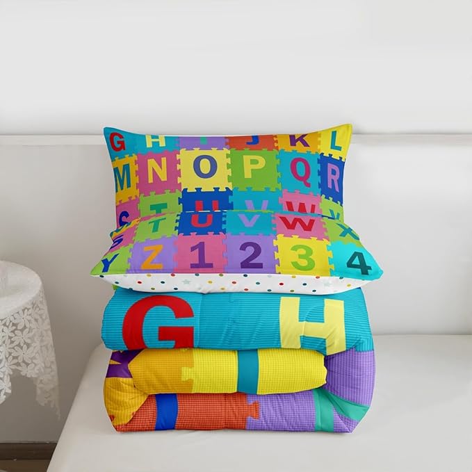 Feelyou Kids Puzzle Alphabet Numbers Comforter Set Toddler Size ABC Letters Bedding Set for Kids Boys Girls Educational Duvet Quilt English Learning Bedroom Decor Microfiber 2 Pcs with 1 Pillow Cases