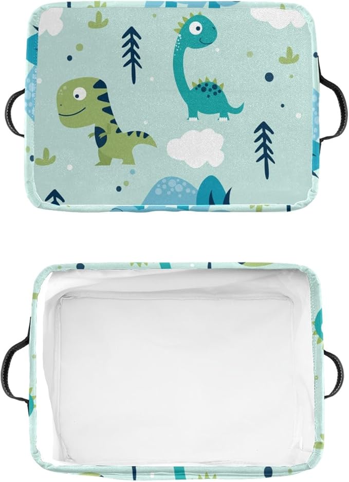 Deven Dinosaur Green Blue Personalized Large Storage Baskets for Organizing Shelves with Handle,Closet Decorative Storage Bins for Bathroom,Nursery,Home