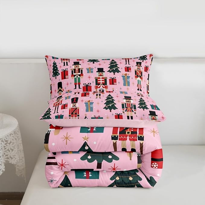 Feelyou Nutcracker Comforter Set All Season Merry Christmas Tree Bedding Set with 2 Pillow Cases Snowflake Kids King Bedclothes Soldier Print Decor Duvet Quilt Soft Lightweight