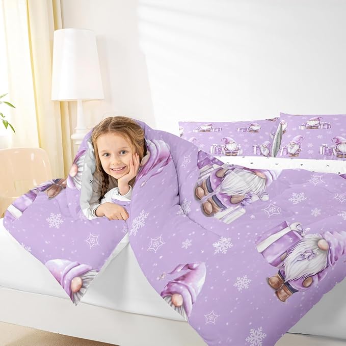 Feelyou Purple Christmas Kids Comforter Set Queen Size Scandinavian Christmas Santa Gnomes Bedding Set Xmas Snowflake Duvet Quilt for Kids Boys Girls Bedroom Decor Ultra Soft Breathable