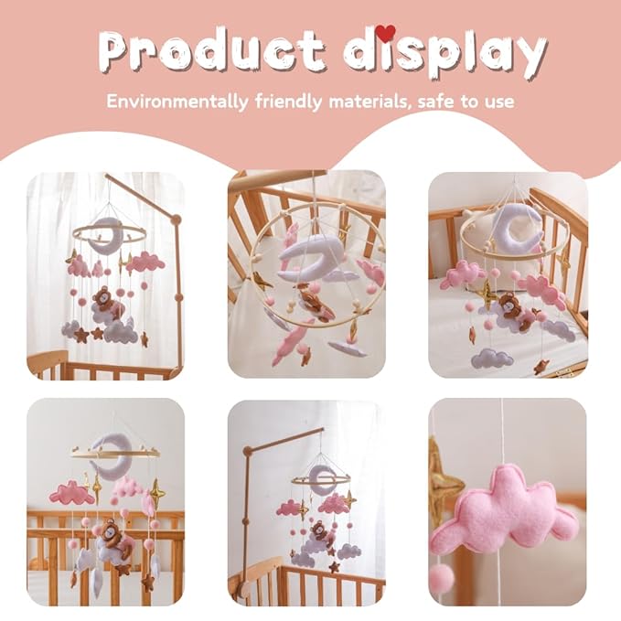 Moon Baby Crib Mobile Baby Nursery Decoration Wooden Crib Hanging Decor Bear Theme Pink Clouds Newborn Soothing Mobile Baby Shower Gift for Boys and Girls Easy to Install and Durable (Bear)