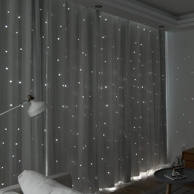Kinryb Kids Star Cutout Curtains for Bedroom/Living Room/Classroom,2 Free Tiebacks Sheer Overlay 2 Panel Set, Double Layer Curtains for Kids Room(Each Piece W70 x L63 Inches 2 Pcs Greyish White)