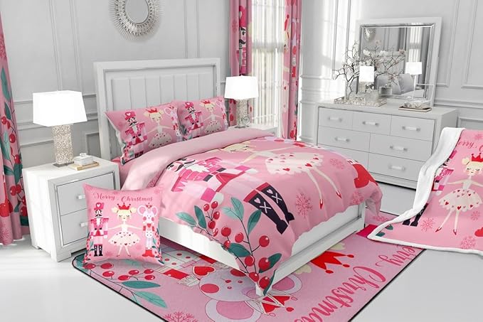 Feelyou Pink Christmas Comforter Set All Season Nutcracker Bedding Set with 2 Pillow Cases Mouse King Microfiber Kids King Bedclothes Royal Guarder Ballet Princess Bedroom Decor Duvet Quilt Soft