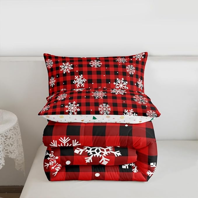 Feelyou Christmas Kids Comforter Set King Size Snowflake Red Bedding Set Red Black Plaid Duvet Quilt for Kids Boys Girls Bedroom Winter Snow Decor Microfiber Ultra Soft Breathable