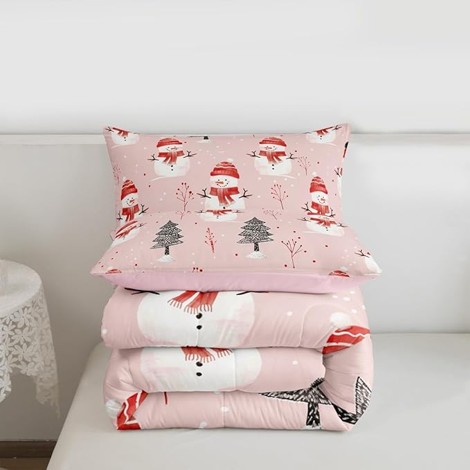 Feelyou Cute Snowman Bedding Set Soft for Boys Girls, Christmas Trees Comforter Set Twin Size Xmas Snowflake Duvet Quilt Microfiber Christmas Decor Bedroom Decor Holiday 2 Pcs with 1 Pillow Cases