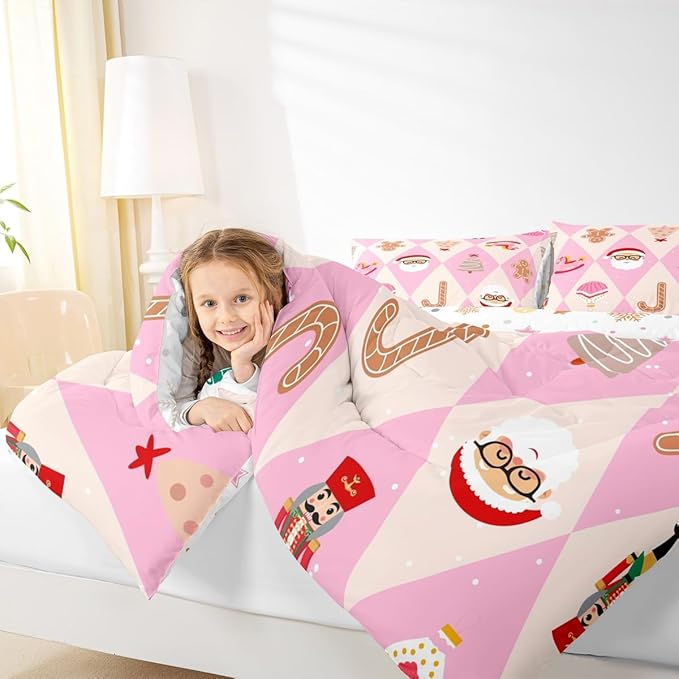 Feelyou Pink Christmas Kids Comforter Set Twin Size Santa Claus Bedding Set Xmas Tree Nutcracker Soldier Duvet Quilt for Kids Boys Girls Bedroom Gingerbread Man Decor Microfiber Ultra Soft Breathable