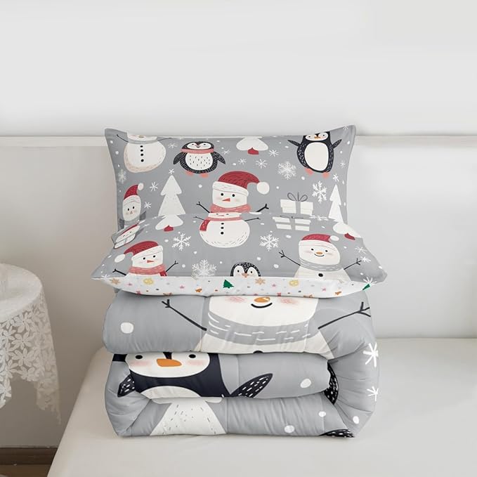 Feelyou Christmas Comforter Set Full Size Snowman Snowflake Bedding Set for Kids Boys Girls Penguin Duvet Quilt New Year Gift Bedroom Decor Microfiber 3 Pcs with 2 Pillow Cases