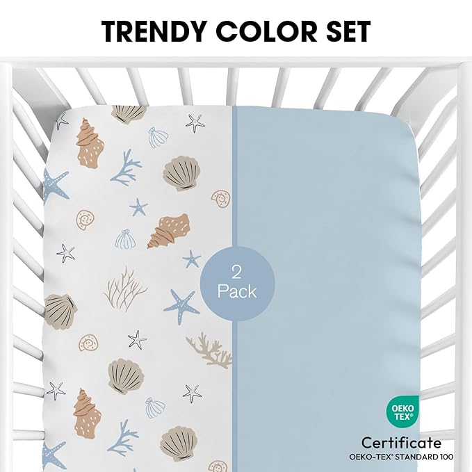 Little Grape Land Crib Sheets for Boys, 2-Pack Soft Microfiber Fitted Baby Crib Mattress Sheets – Breathable, Oeko-TEX Certified, Fits Standard Crib and Toddler Bed (Shells & Blue)