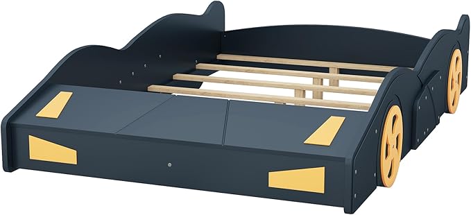 Harper & Bright Designs Full Size Race Car-Shaped Platform Bed with Wheels and Storage, Dark Blue+Yellow