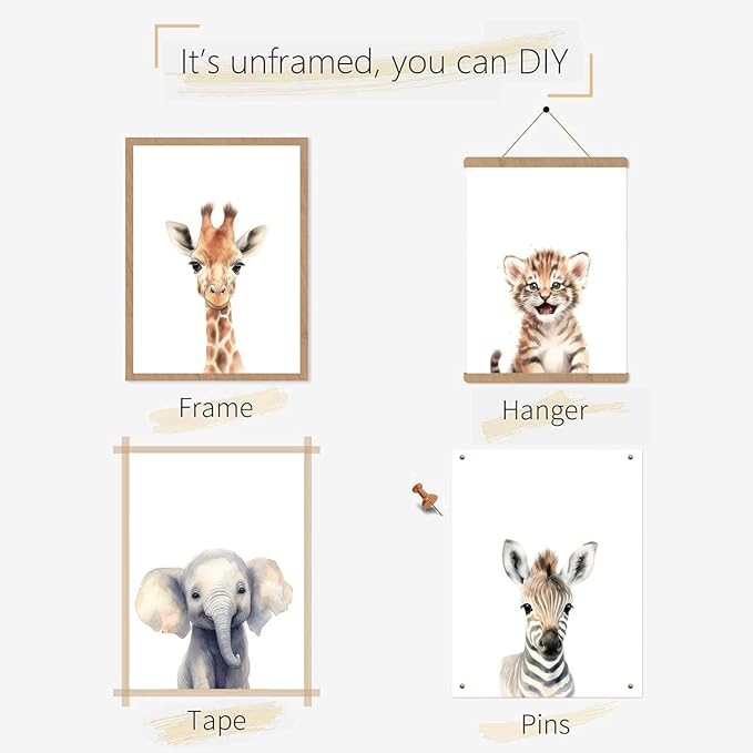 Wodkwq Nursery Wall Art Safari Animal Canvas Prints Baby Girl Boy Room Decor Poster Pictures Cute Jungle Theme Toddler Room Decoration Painting Set of 6 for Kids Bedroom Bathroom 8x10in Unframed