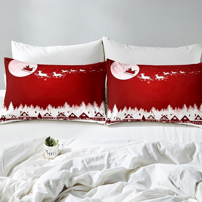 New Year Red Duvet Cover Set Full Size, Reindeer Santa Claus Comforter Cover Christmas Day Bedding Set 3pcs for Kids Boys Girls Room Decor Winter Theme Quilt Cover with 2 Pillowcases,No Comforter
