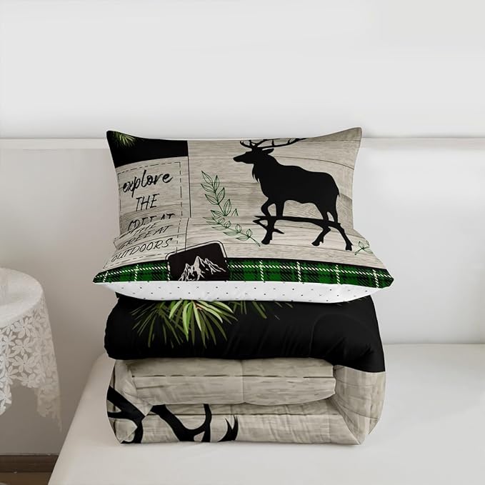 Elk Silhouette Kids Comforter Set Full Size,Palm Leaves Old Plank Bedding,Girls Boys Adults Bedroom/Xmas Cabin Decor,Camper Explore Down Comforter,Geometric Grids Plaid Duvet Insert,2 Pillowcases