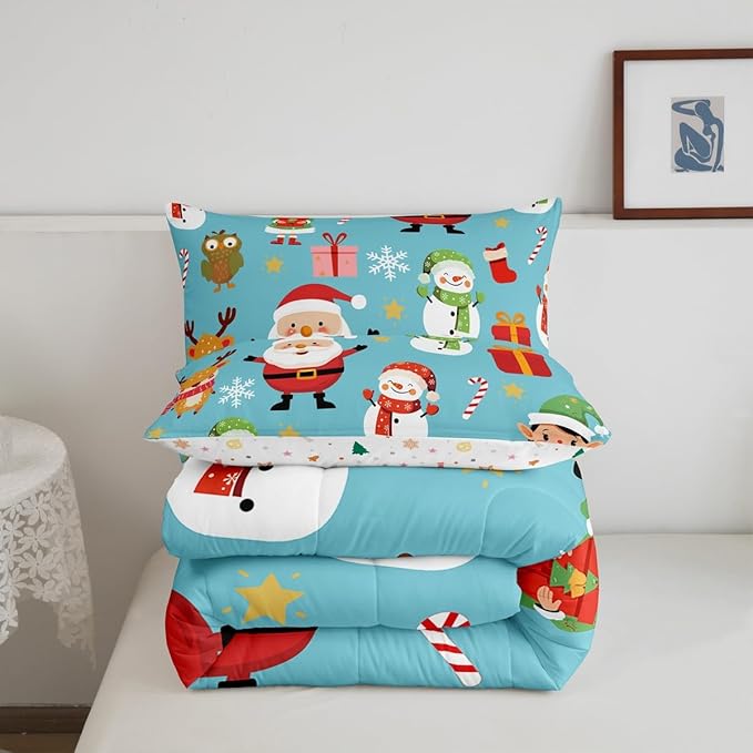 Erosebridal Merry Christmas Comforter Set Cartoon Santa Claus Quilts Twin Size Holiday Snowman Deer Elk Bedding Set Xmas Decor for Kids Boys Teens Cute Owl Animal Down Comforter,Blue