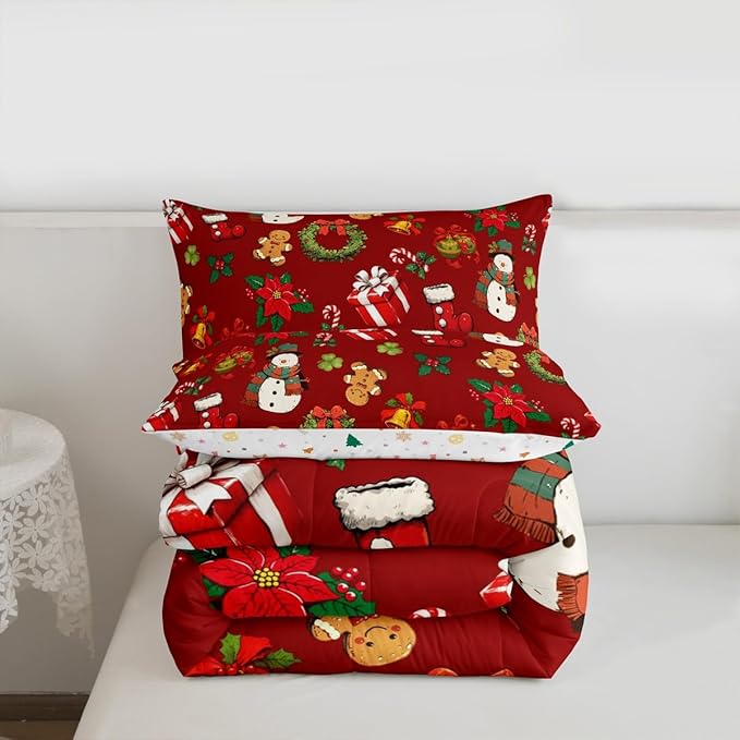jejeloiu Merry Christmas Comforter Set Twin Size Cute Snowman Bedding Set for Kids Boys Girls Gingerbread Man Duvet Quilt Red Bedroom Decor