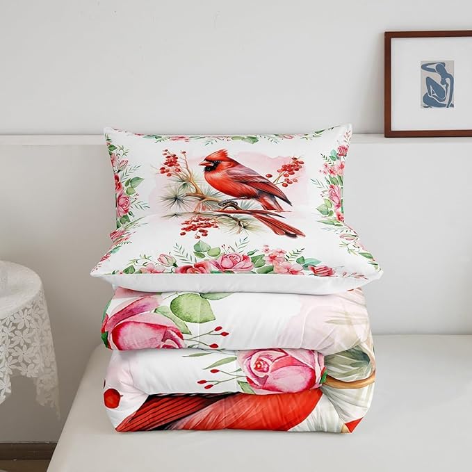 Christmas Bird Comforter Set Toddler Size,Watercolor Red Cardinal Berry Xmas Theme Bedding Set for Kids Girls Bedroom,Pink Floral Green Plant Painting Quilted Set with 1 Pillowcase, White