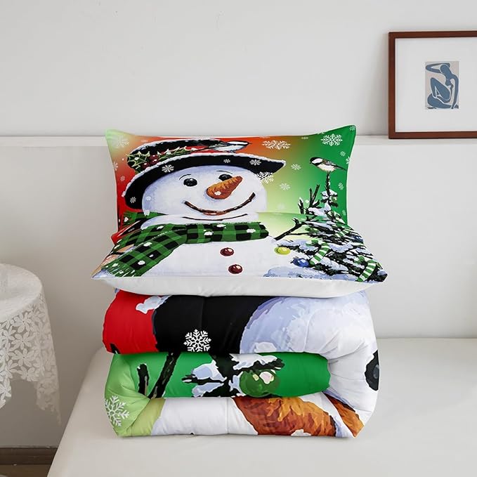 Feelyou Kids Christmas Theme Decorations Bedding Set Xmas Snowman Comforter Set for Boys Girls Snowflake Kawaii Cute Comforter Orange Red Green Quilt Set Bedroom Collection Toddler Size
