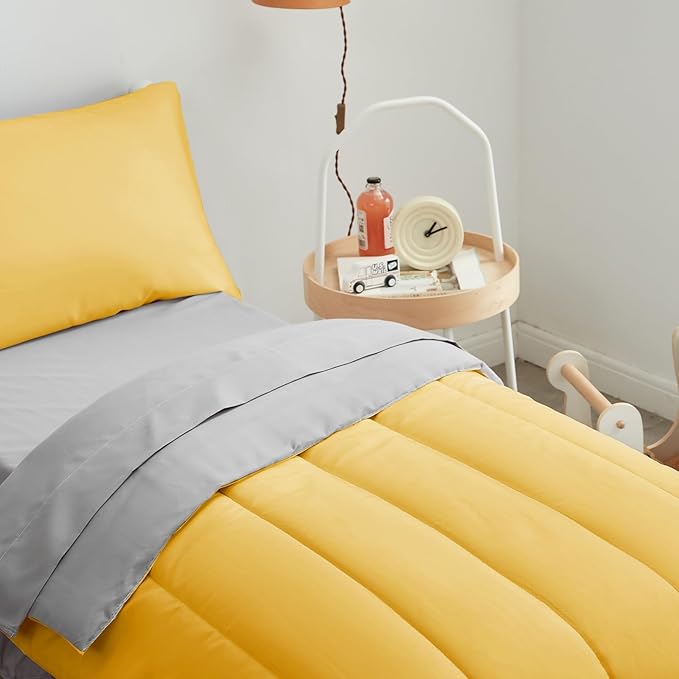 UOZZI BEDDING Yellow 4 Pieces Toddler Bedding Set Ultra Soft and Breathable Toddler Sheet Set - Includes Comforter, Flat Sheet, Fitted Sheet and Pillowcase (Yellow with Gray)