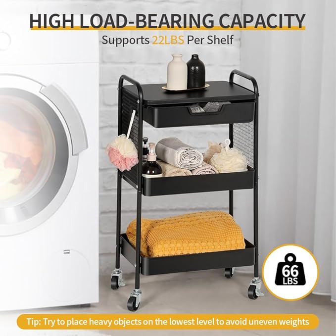 3-Tier Rolling Cart with Drawer, Metal Utility Storage Cart Organizer with Lockable Wheels&Hanging Cups&Hooks, Mobile Storage Craft Carts Trolley with Mesh Shelves for Kitchen, Office-Black