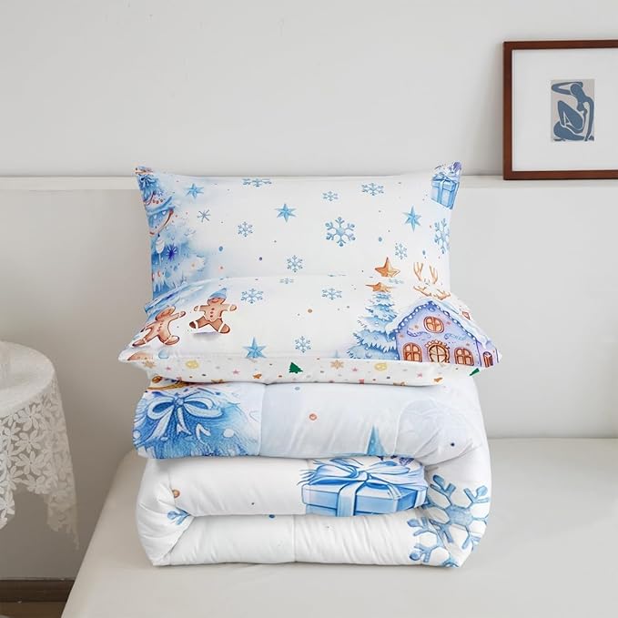 jejeloiu Kids Christmas Theme Comforter Set Twin Size Blue Xmas Gingerbread Man Bedding Set for Boys Girls Teens Candy House Snowflake Winter Happy New Year Duvet Quilt Room Decor