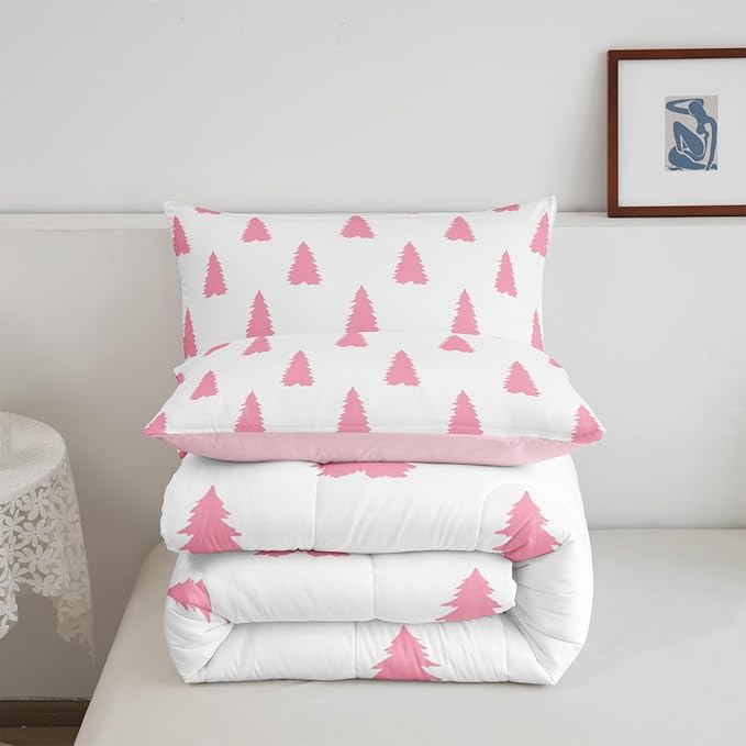 Feelyou Pink Christmas Trees Bedding Set for Kids Boys Girls Toddler Size Holiday Comforter Set Ultra Soft Winter Comforter Xmas Decor Duvet Quilt Bedroom Decor Christmas Ornaments Quilt